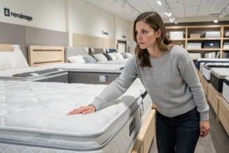 Femme évaluant la fermeté d'un matelas Sultan Ikea en magasin pour comparer les prix et la qualité
