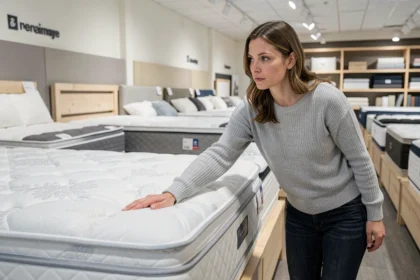 Femme évaluant la fermeté d'un matelas Sultan Ikea en magasin pour comparer les prix et la qualité
