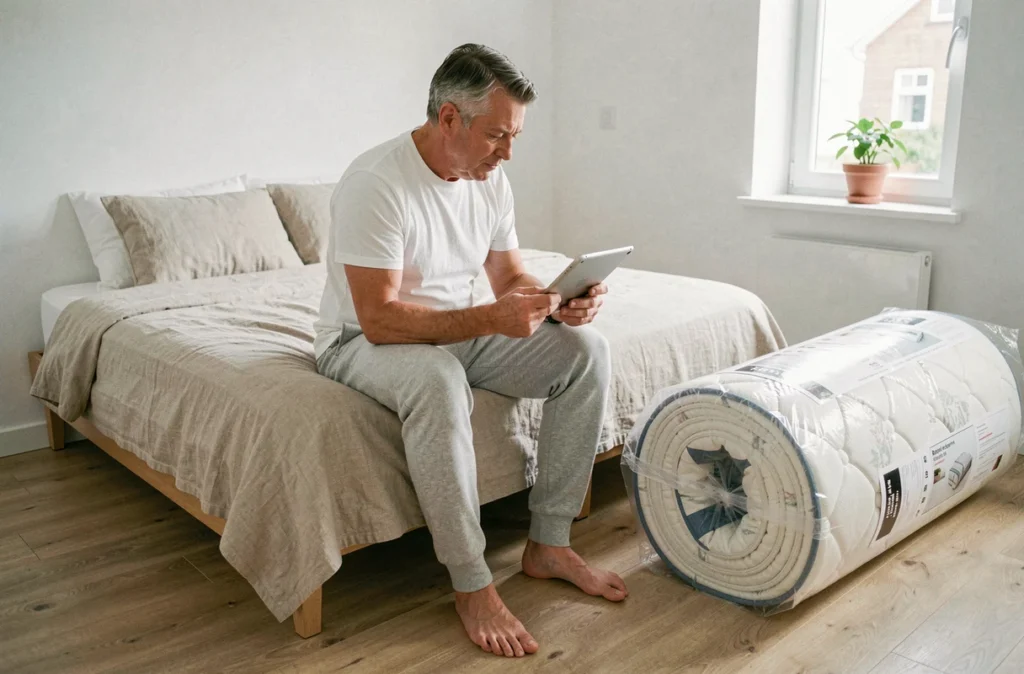 Homme comparant le prix d'un matelas Sultan Ikea en ligne depuis sa chambre avec un matelas livré à domicile