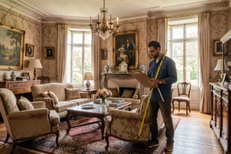 Particulier mesurant les pièces d'une maison ancienne avant travaux