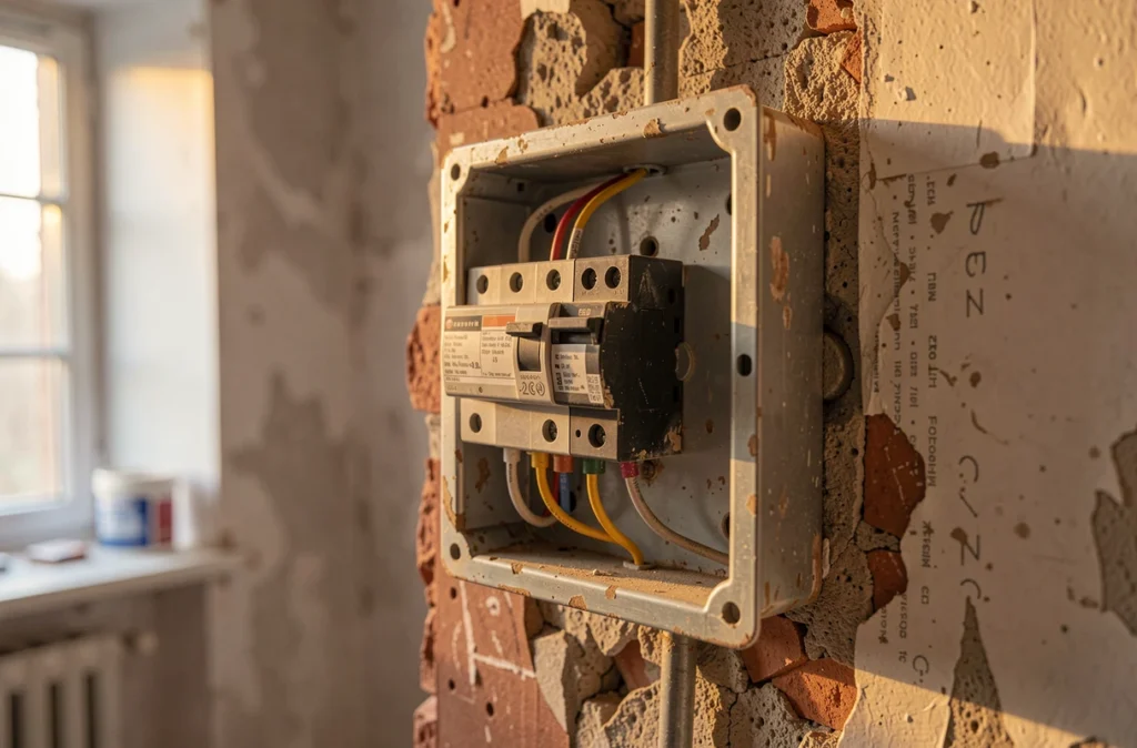 Tableau électrique ancien et mur dégradé dans une maison à rénover